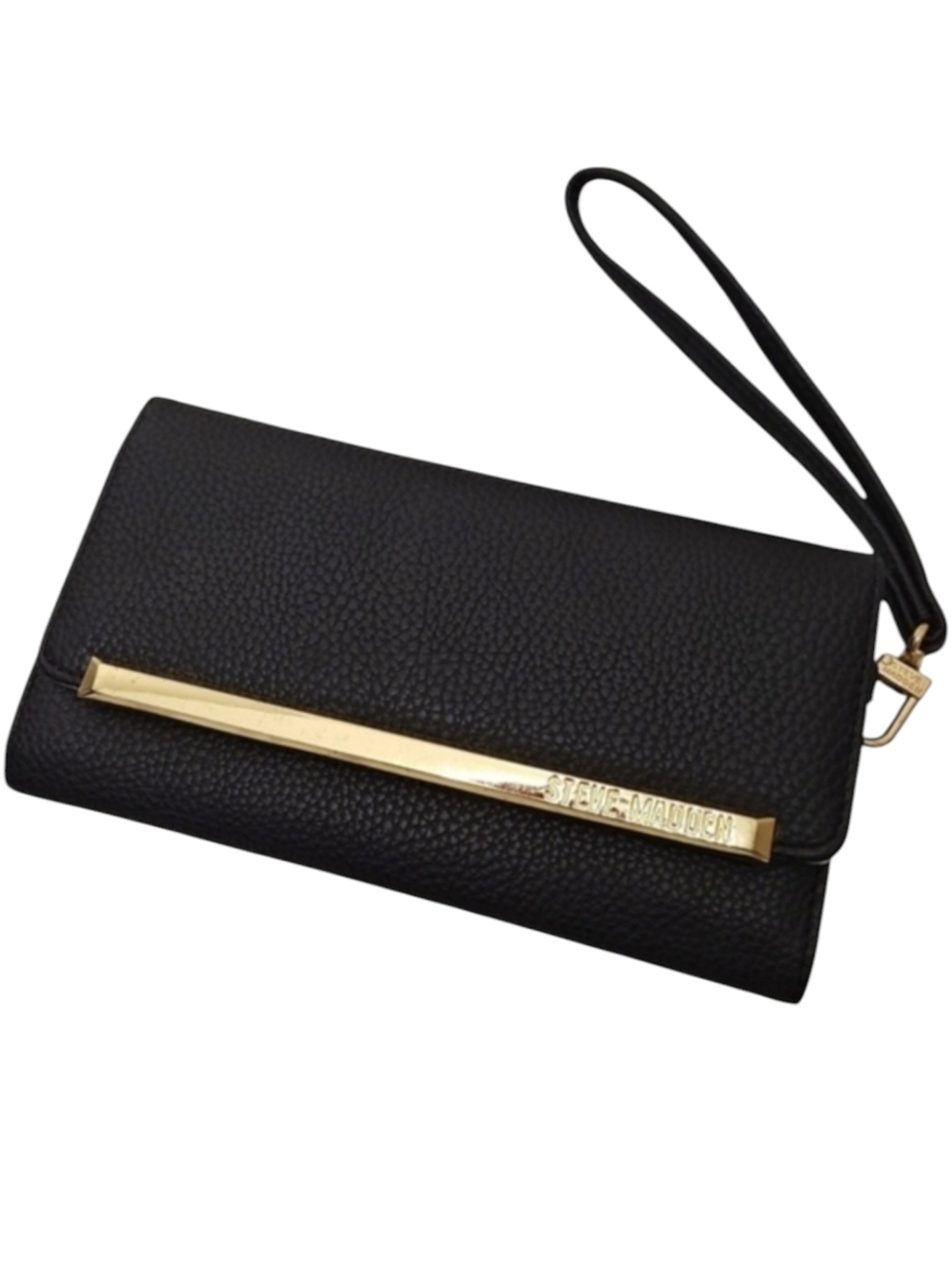 Steve Madden Logobar Trifold Wristlet Wallet Black Gold